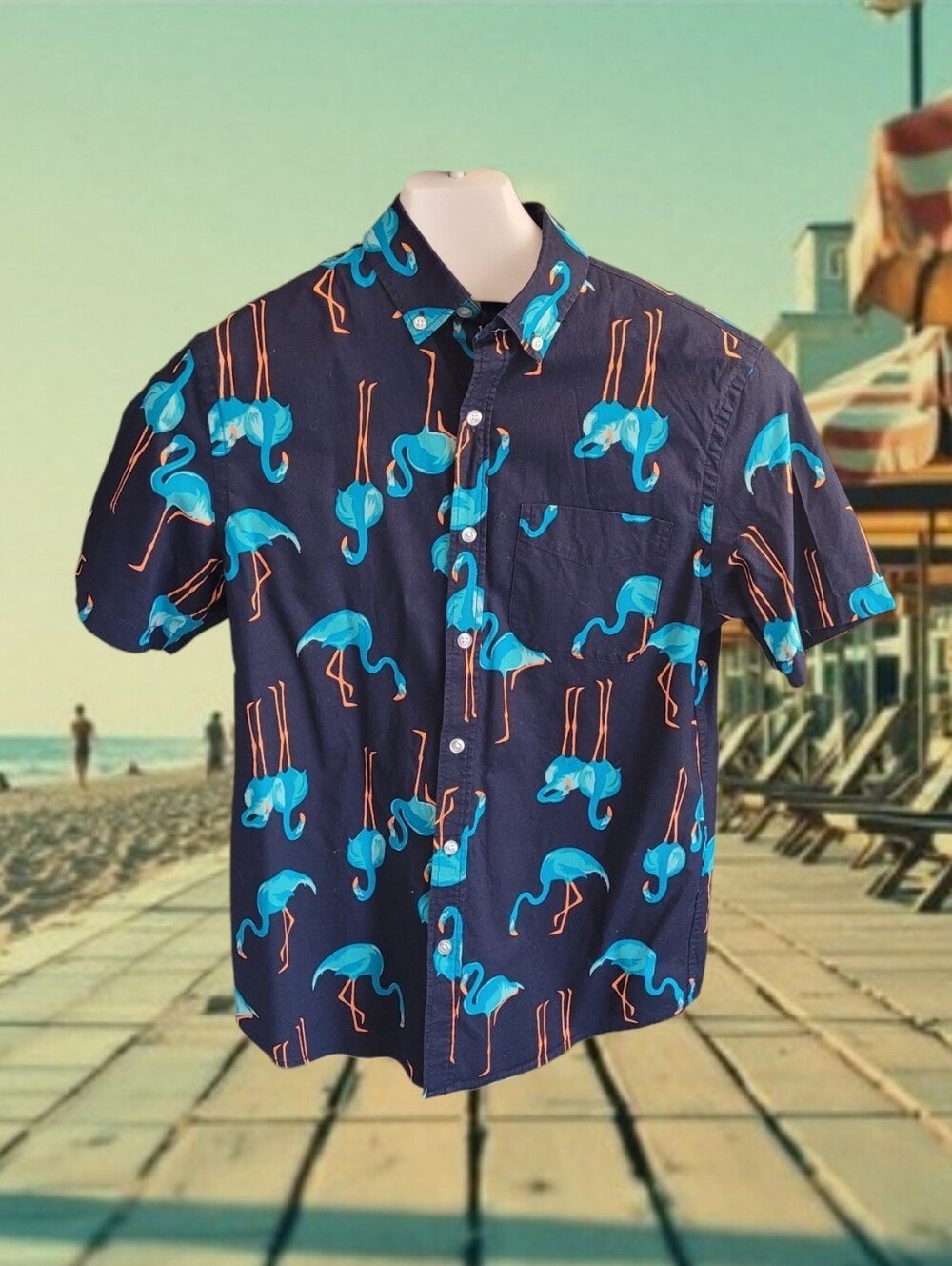 Men's Navy Short-Sleeve Flamingo Print Shirt